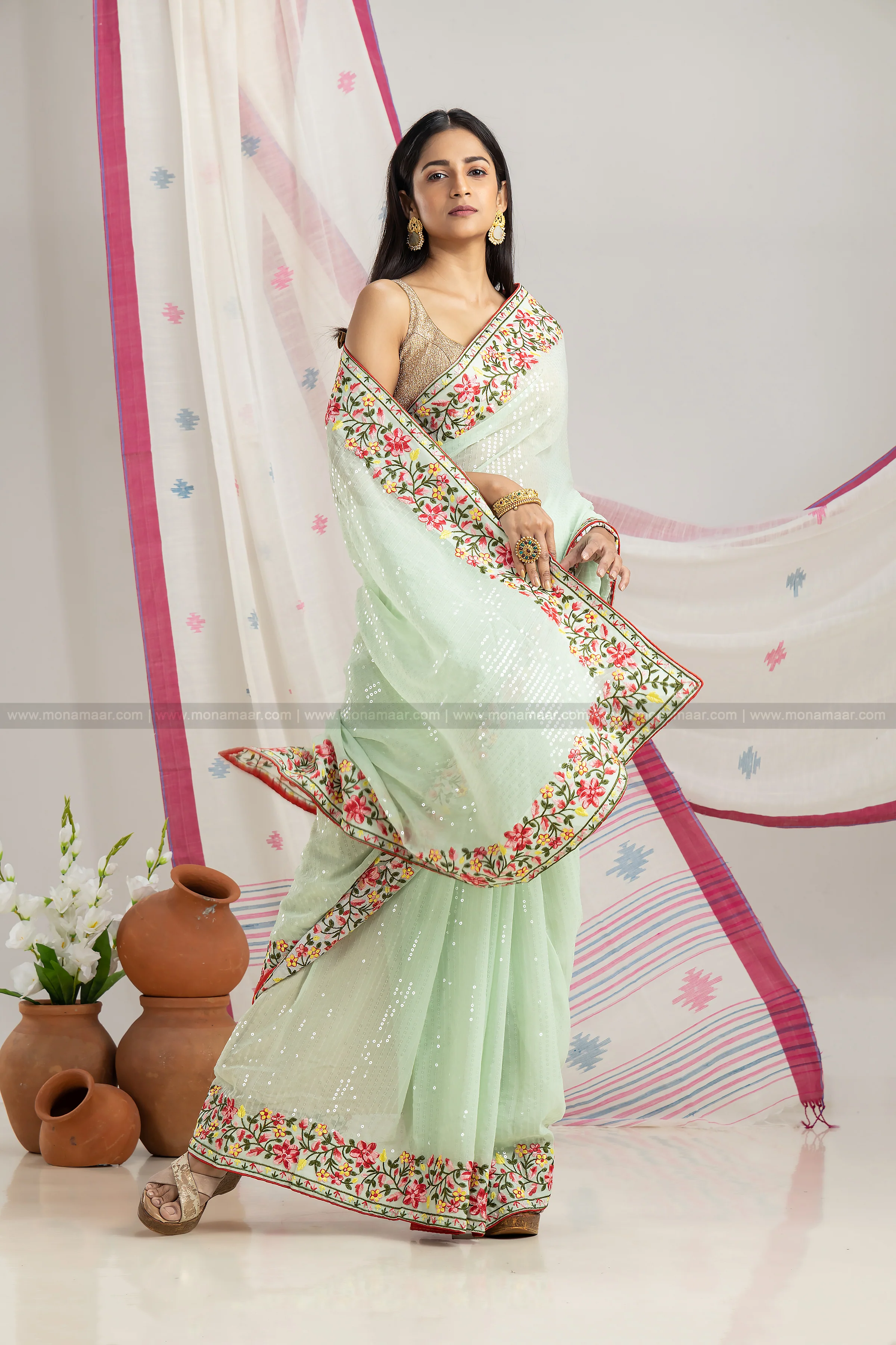 Green Sequins Designer Saree - Image 3